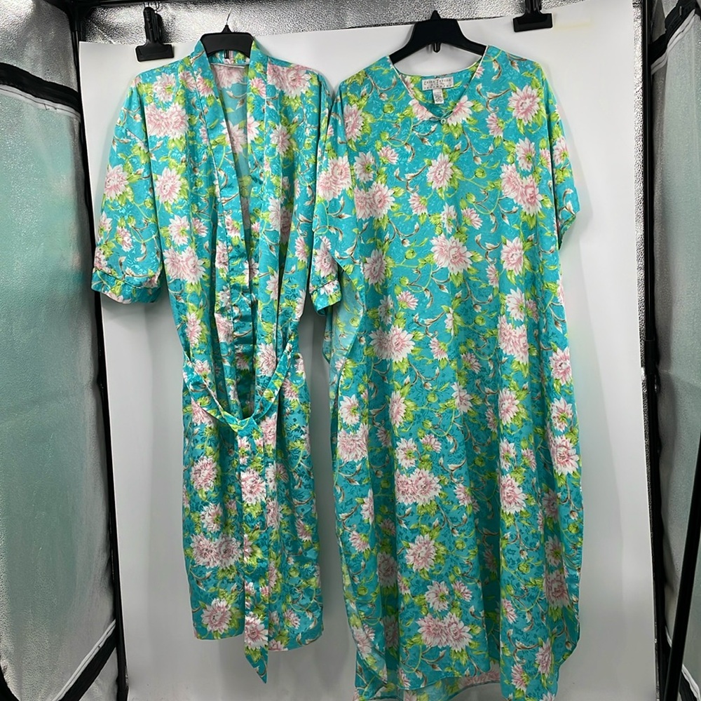 Vintage 90s Erika Taylor Intimates Teal Floral Jacquard 3pc Lounge Set Medium